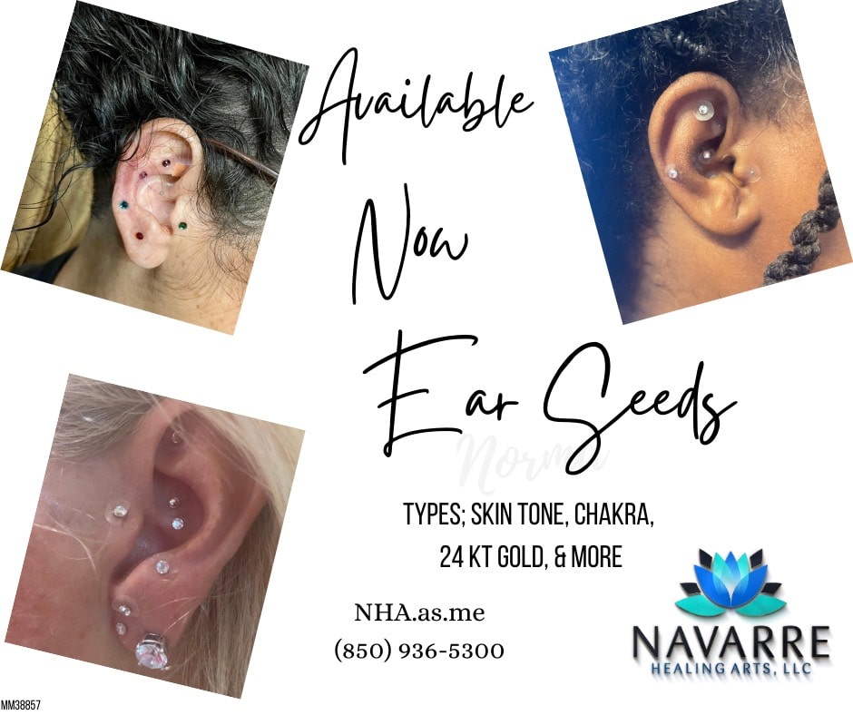 An advertisement for ear piercings with a picture of a woman's ear